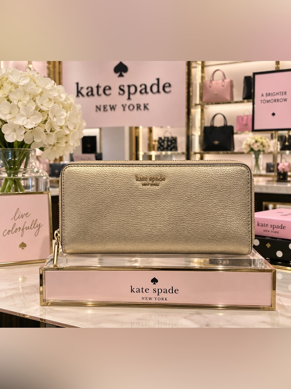 kate spade Metallic Gold Zip-Around Leather Wallet